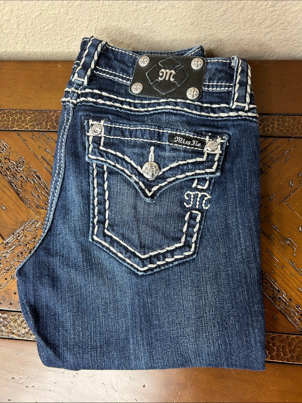 Miss Me Blue Denim Jeans with White Contrast Stitching, leather tag with studs